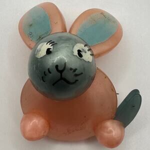 1940s retro pink moonglow lucite blue hand painted bunny rabbit figural brooch